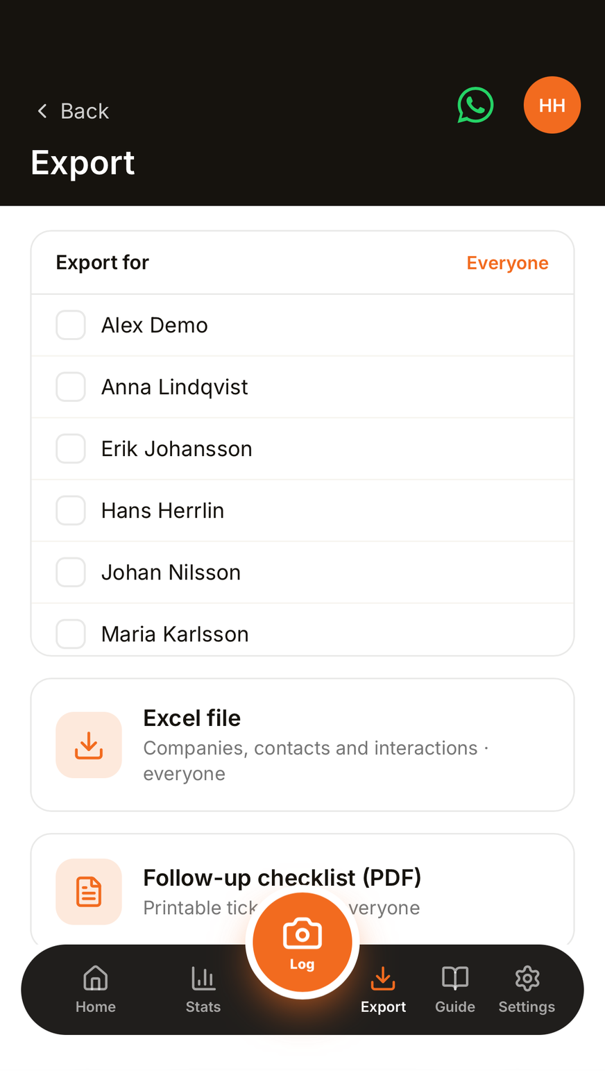 Current BoothRally export screen with rep selection, Excel export and follow-up cheatsheets