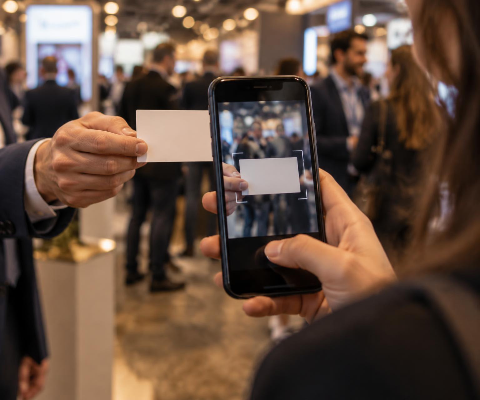 A business card being scanned during a trade fair conversation